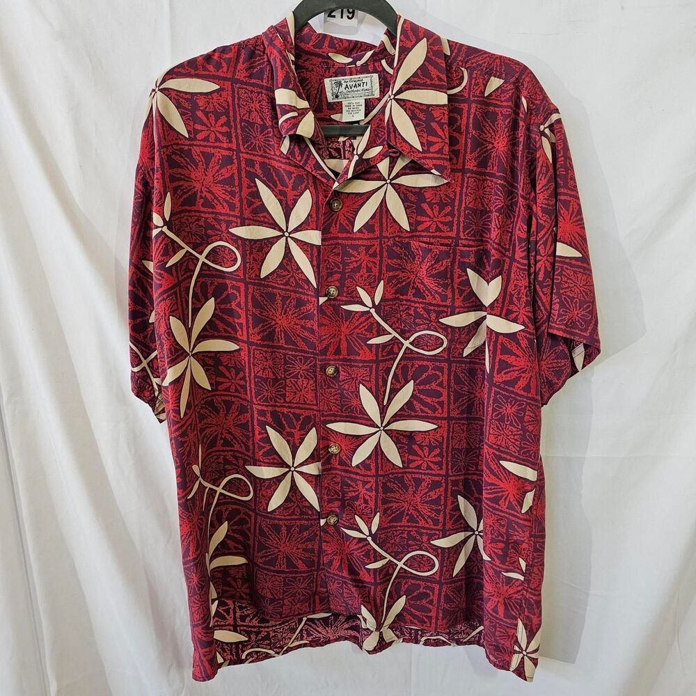 #0219 Avanti Silk Hawaiian Shirt Mens Large Red Purple Tapa Floral Short Sleeve